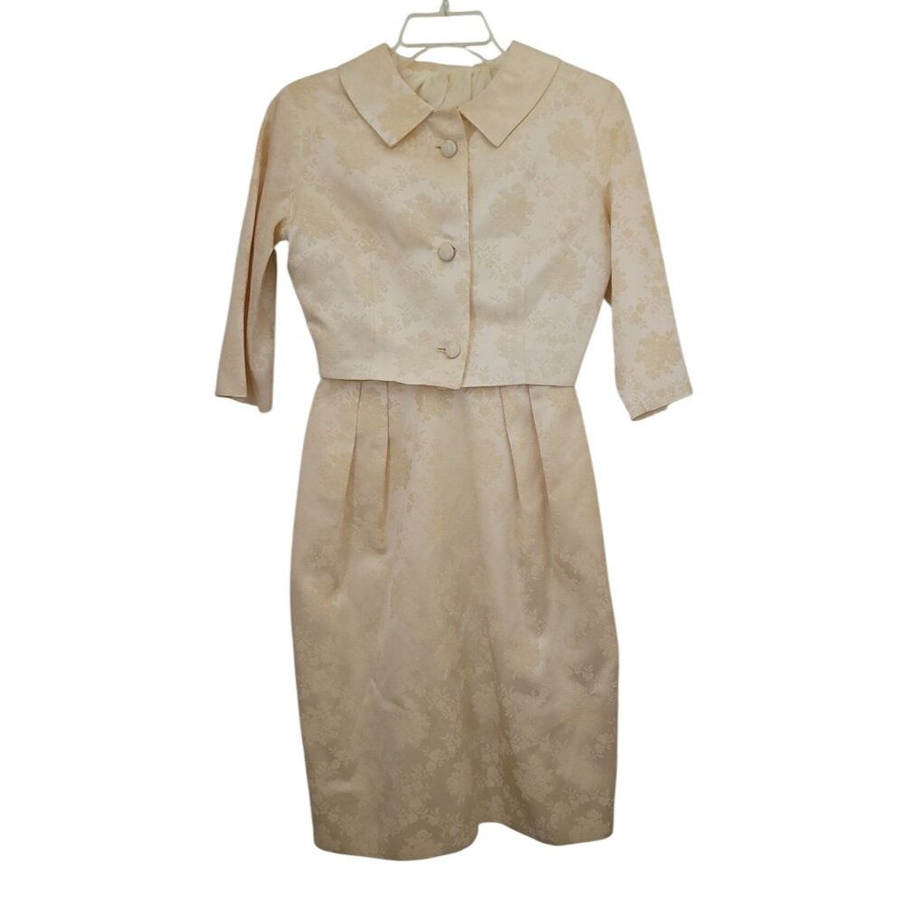 Vintage 50s/60s Ivory Brocade Floral Jacquard Dress & Cropped Jacket Set S/M